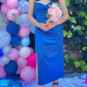blue satin formal midi dress
